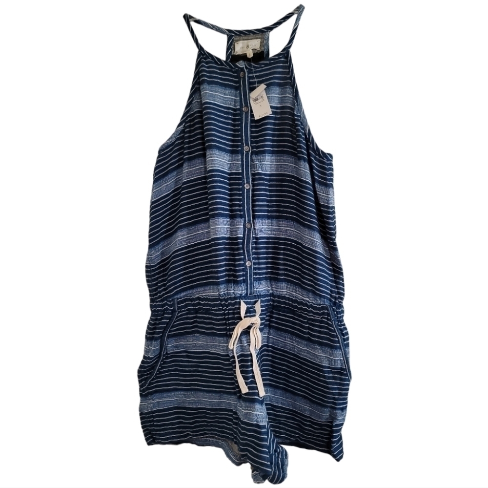 NWT Lou & Grey Blue Striped Cotton Baja Romper Small Halter Racerback